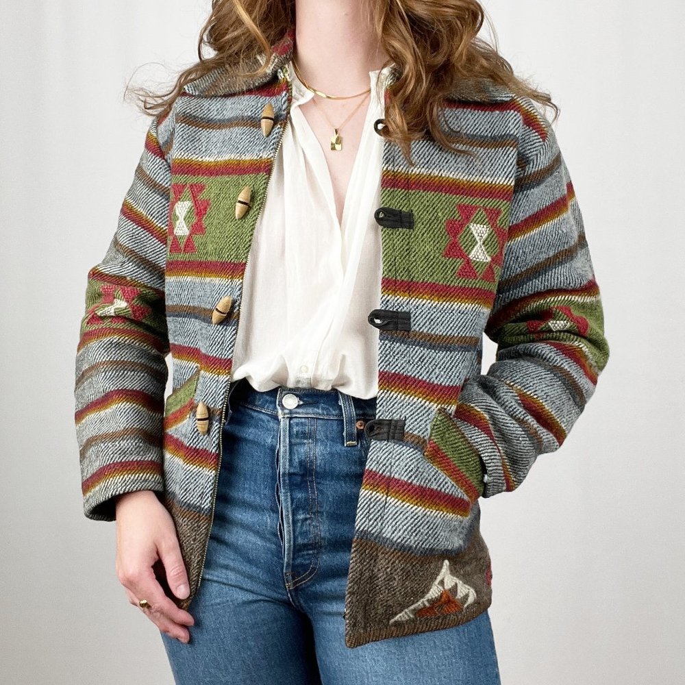 Vintage Western Bohemian Jacket Duffle Wood Toggle Coat Boho Aztec Boho Handmade - Picture 4 of 7